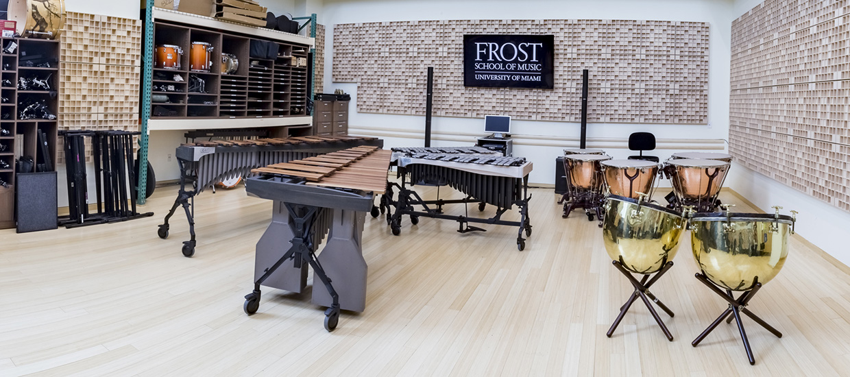 Kline Percussion Studio filled with various instruments at the University of Miami 