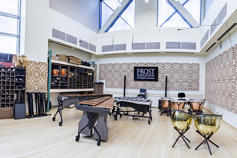 Kline Percussion Studio filled with various instruments at the University of Miami 